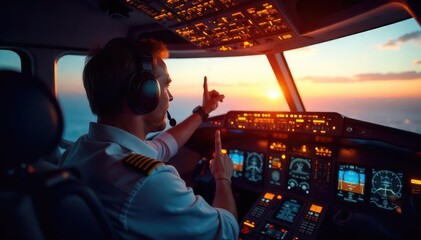 Triumphant pilot celebrating victory in cockpit, headset askew, illuminated instrument panel reflecting excitement , control stick, flight simulator, altitude
