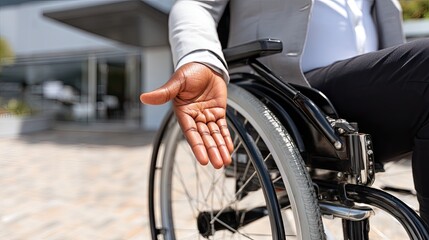 Obraz premium Person in wheelchair extends hand for assistance outside a modern building in bright daylight