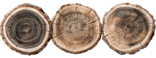 Fototapeta premium A trio of cross-sections showcasing tree rings and textures, offering a natural wood aesthetic
