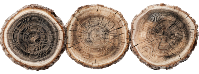A trio of cross-sections showcasing tree rings and textures, offering a natural wood aesthetic