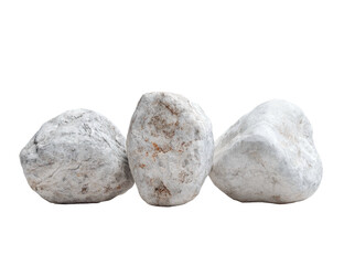 Fototapeta premium Three smooth, pale gray rocks arranged on a black background, subtly lit from above, showcasing texture