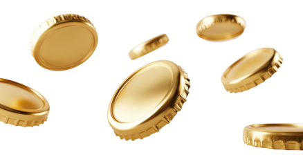 Close-up of multiple golden bottle caps floating against a stark black backdrop