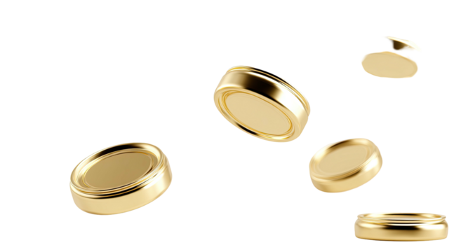 Gold coins float, appearing in a dynamic arrangement against a solid black background