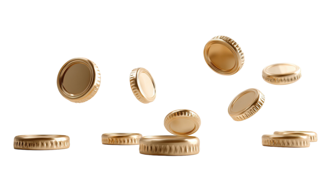 Group of golden objects, some in mid-air, with textured edges against a stark, black background
