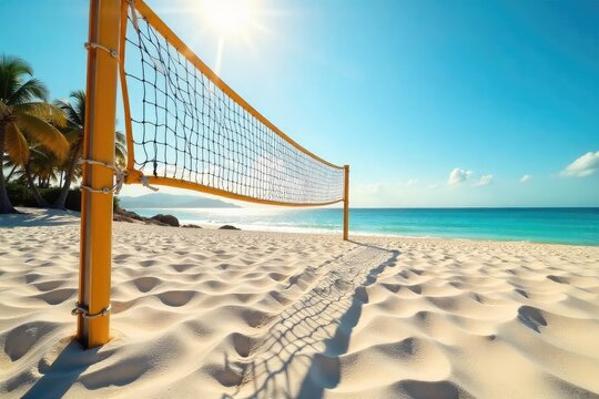 Sun-drenched beach volleyball court, smooth sand, net in place, ready for action Perfect for summer sport, recreation, and vacation themes , holiday, playful, tournament - Powered by Adobe