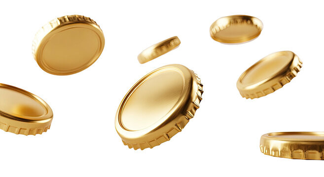 Close-up of multiple golden bottle caps floating against a stark black backdrop