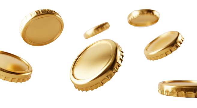 Close-up of multiple golden bottle caps floating against a stark black backdrop