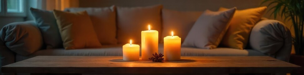 Cozy living room scene featuring several lit candles on a wooden table, casting a warm glow Perfect for home decor, relaxation, and ambiance themes Enjoy the serene atmosphere , glow, tabletop