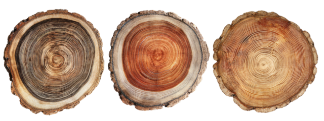 Three cross sections of tree trunks, each displaying growth rings and varying shades of brown