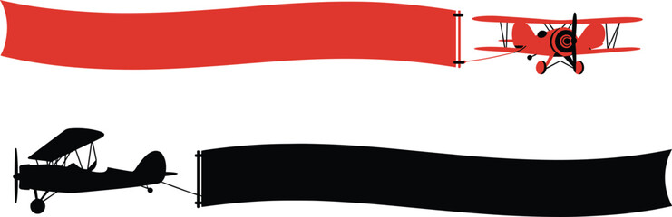 Vintage biplane banner illustration, red and black aircraft towing blank signs, aerial advertising concept, retro flight vector, isolated aviation design © Its Marjia's World