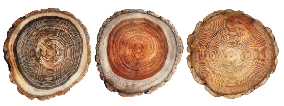 Three cross sections of tree trunks, each displaying growth rings and varying shades of brown
