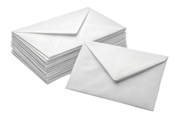 Set of blank white paper envelopes for mail or correspondence, isolated on a transparent background. Perfect for stationery mockups, postal services, office supplies, or invitation design templates.