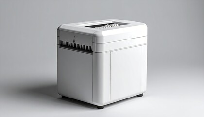 Fototapeta premium White Cube Shaped Device with Black Top Slits and Chrome Accents Against a Seamless Light Gray Studio Background