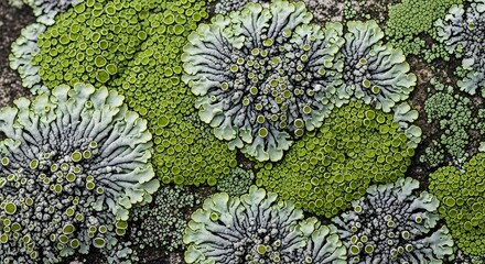 Intricate natural textures of vibrant green and grey lichen blooming on ancient stone surfaces, showcasing organic patterns and cellular beauty.