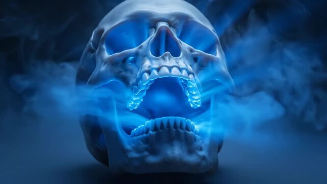 A glowing skull emanates blue smoke, creating a haunting and ethereal visual.