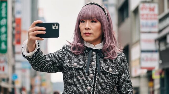 新宿で自撮りする女装の40代のおじさん

