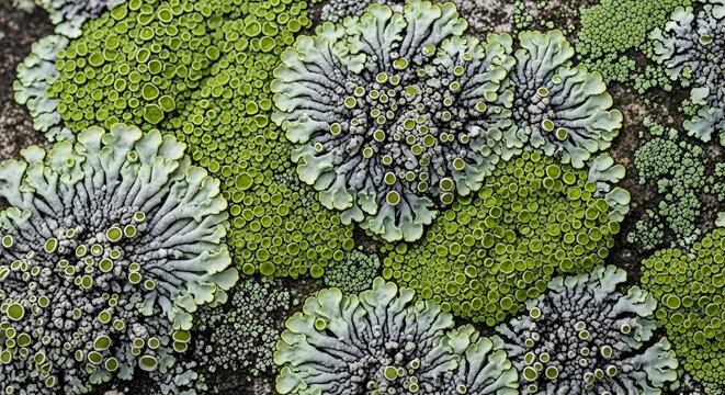 Intricate natural textures of vibrant green and grey lichen blooming on ancient stone surfaces, showcasing organic patterns and cellular beauty.