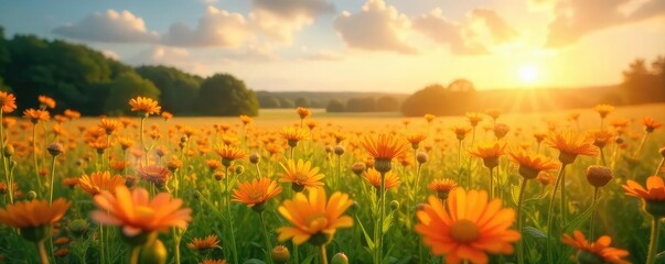 Fototapeta premium Golden sunlight bathes a vast field of wildflowers, swaying gently in the summer breeze A tranquil scene of nature's abundance, perfect for idyllic summer themes , warm, golden