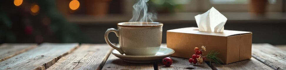 Close-up of a steaming mug beside a tissue box on a rustic wooden table Perfect for illustrating remedies for winter coughs, seasonal illnesses, or cozy winter scenes , sore throat, health
