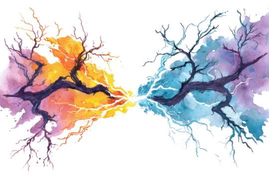 Two stylized tree-like forms, vividly colored with watercolor, merge with a lightning bolt between