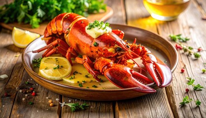 Whole Cooked Lobster Served with Lemon Slices and Garnish on Rustic Wooden Table