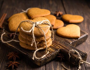 Heart-shaped cookies tied with twine on a wooden cutting board