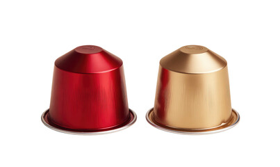 Two coffee capsules, one red and one gold, with shiny metal surfaces, against a black backdrop