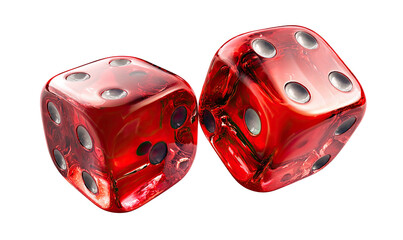 Two translucent red dice are angled, revealing the numbers. Shadow on dark background