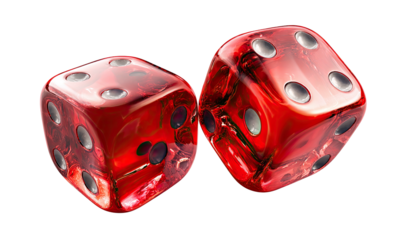 Two translucent red dice are angled, revealing the numbers. Shadow on dark background