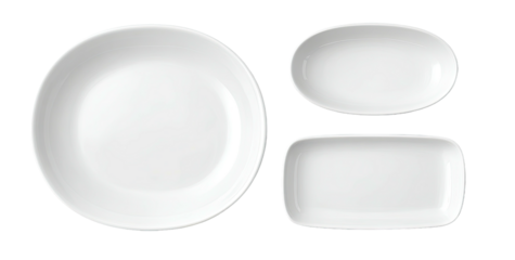 Overhead shot of three empty, glossy, white ceramic serving dishes against a black background