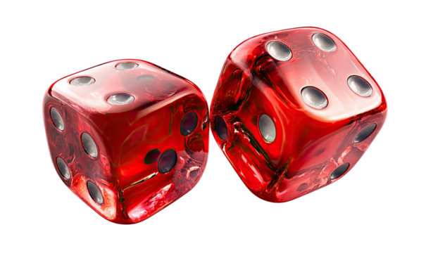 Two translucent red dice are angled, revealing the numbers. Shadow on dark background - Powered by Adobe