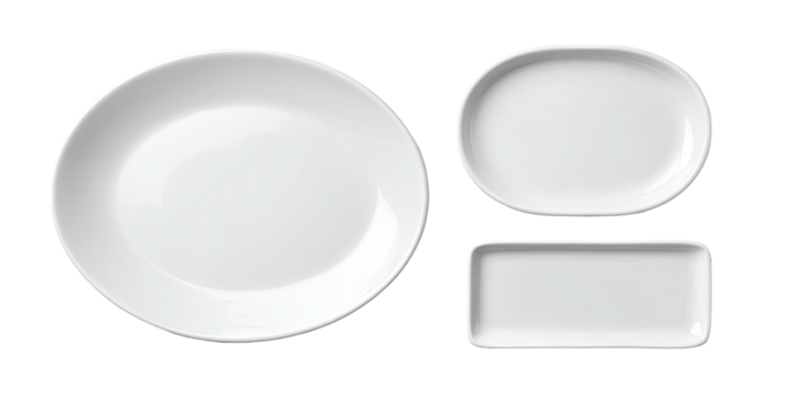 Overhead shot showcasing three porcelain serving dishes of different shapes against a black backdrop