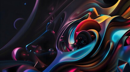 Vibrant abstract 3D background with swirling shapes and mesmerizing patterns, consisting of intricate geometric forms, such as cubes, spheres, and pyramids, in a kaleidoscope of colors, including shad