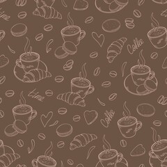 Seamless pattern with contour drawings of coffee cups, croissants, macaroons and coffee beans on a brown background. Ideal for packaging, menu and decoration.