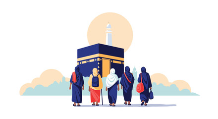 Naklejka premium Pilgrims gather before the Kaaba the holiest shrine in Islam.