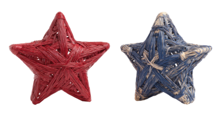 Two five-pointed stars, one red, the other blue, each made of woven, string-like material