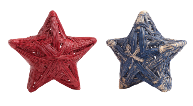 Two five-pointed stars, one red, the other blue, each made of woven, string-like material