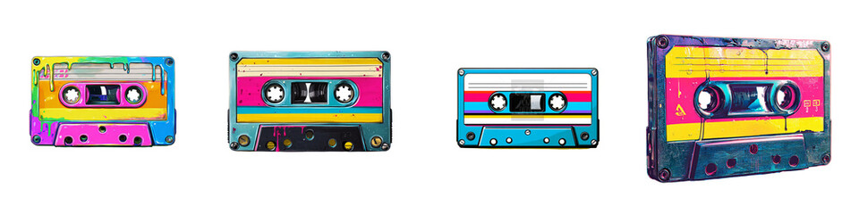 Naklejka premium Colorful cassette tapes showcasing retro design elements and vibrant patterns.