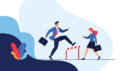 Obraz premium Business people overcoming challenges together to reach goals.