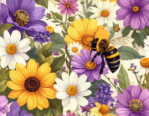 Colorful seamless pattern of bees and flowers in cute clipart style. Ideal for textile design, wrapping paper, wallpapers, and spring-themed backgrounds.