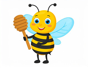 Adorable cartoon bee holding a honey dipper, smiling happily. Great for children&rsquo;s illustrations, stickers, educational materials, and honey branding projects.