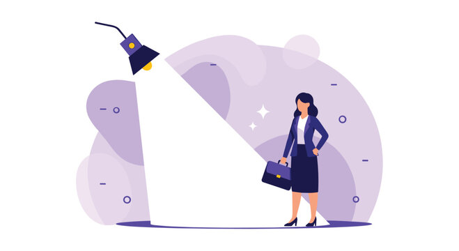 A businesswoman stands confidently in the spotlight ready for an opportunity.