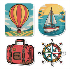 Cartoon Travel Stickers Set - Hot Air Balloon, Sailboat, Luggage, and Compass Vector