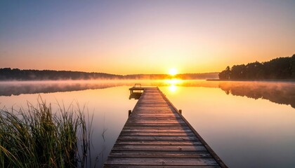 Fototapeta premium Wooden Pier Extending Into Calm Lake at Sunrise with Golden Light and Gentle Mist Rising from the Water Creating a Serene Morning Atmosphere