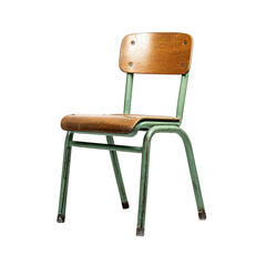 A single vintage school chair on a black background, showcasing wood and metal details