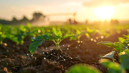 Emerging plant in a field with digital overlay and sunset