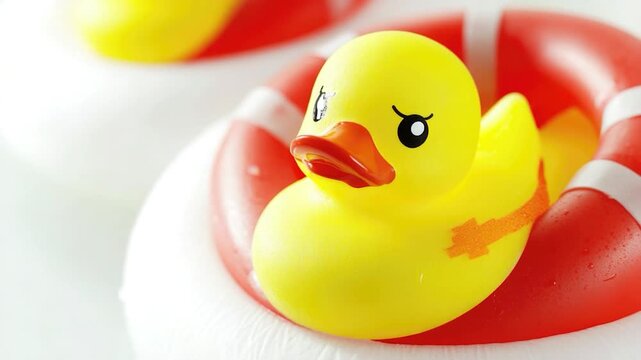 A bright yellow rubber duck perched on top of a life preserver, great for ocean or pool themed illustrations