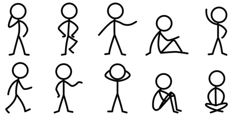 Set of hand-drawn stickman characters in various standing, sitting, and walking poses showing everyday gestures and relaxed movements