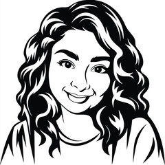 Smiling young woman with curly hair presents a positive and engaging monochrome portrait