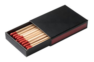 Open black matchbox filled with wooden matches featuring red ignition tips, isolated on a transparent background. Ideal for safety concepts, fire-themed graphics, camping equipment designs, survival k